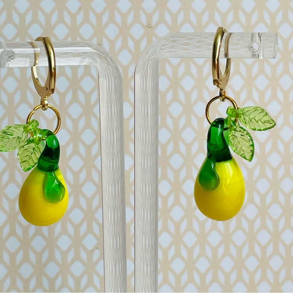 Lemon Lampwork Glass Drop Pierced Earrings - Picture 2 of 5